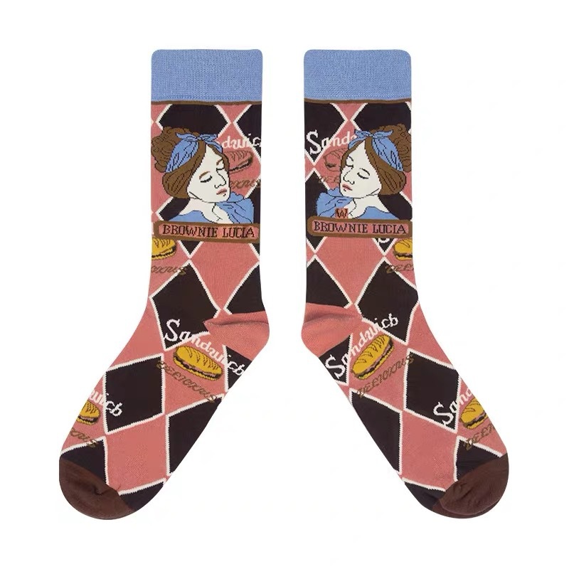 Tide Brand Lolita Retro Illustration Plaid Cotton Socks Cute Cartoon Cat Sports Men And Women In Tube Socks